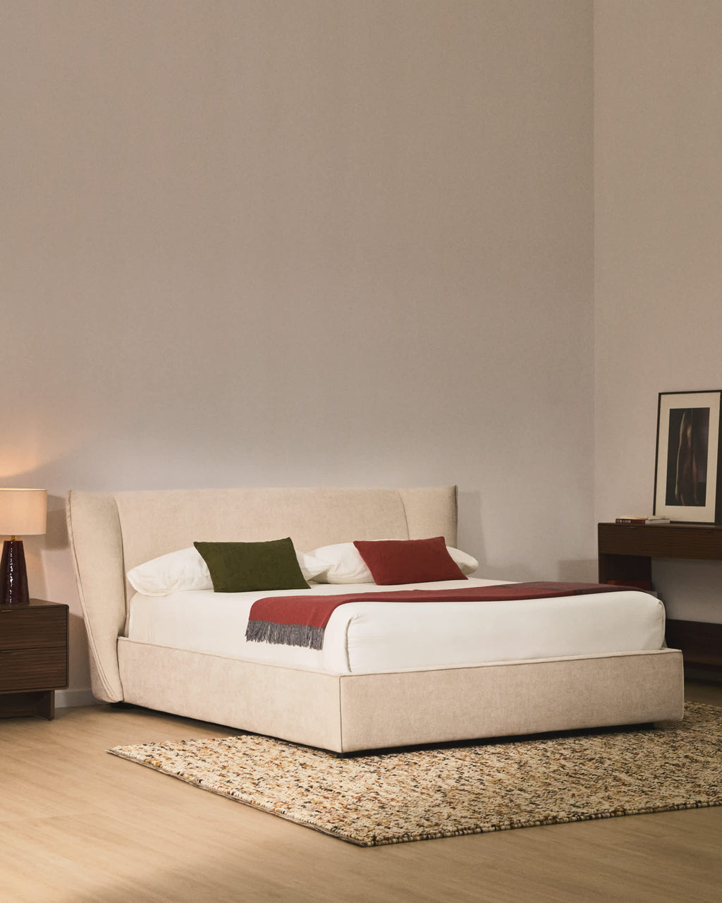 Japandi Bett Arvian – Chenille, Beige, 180 × 200 cm – weitere Ansicht