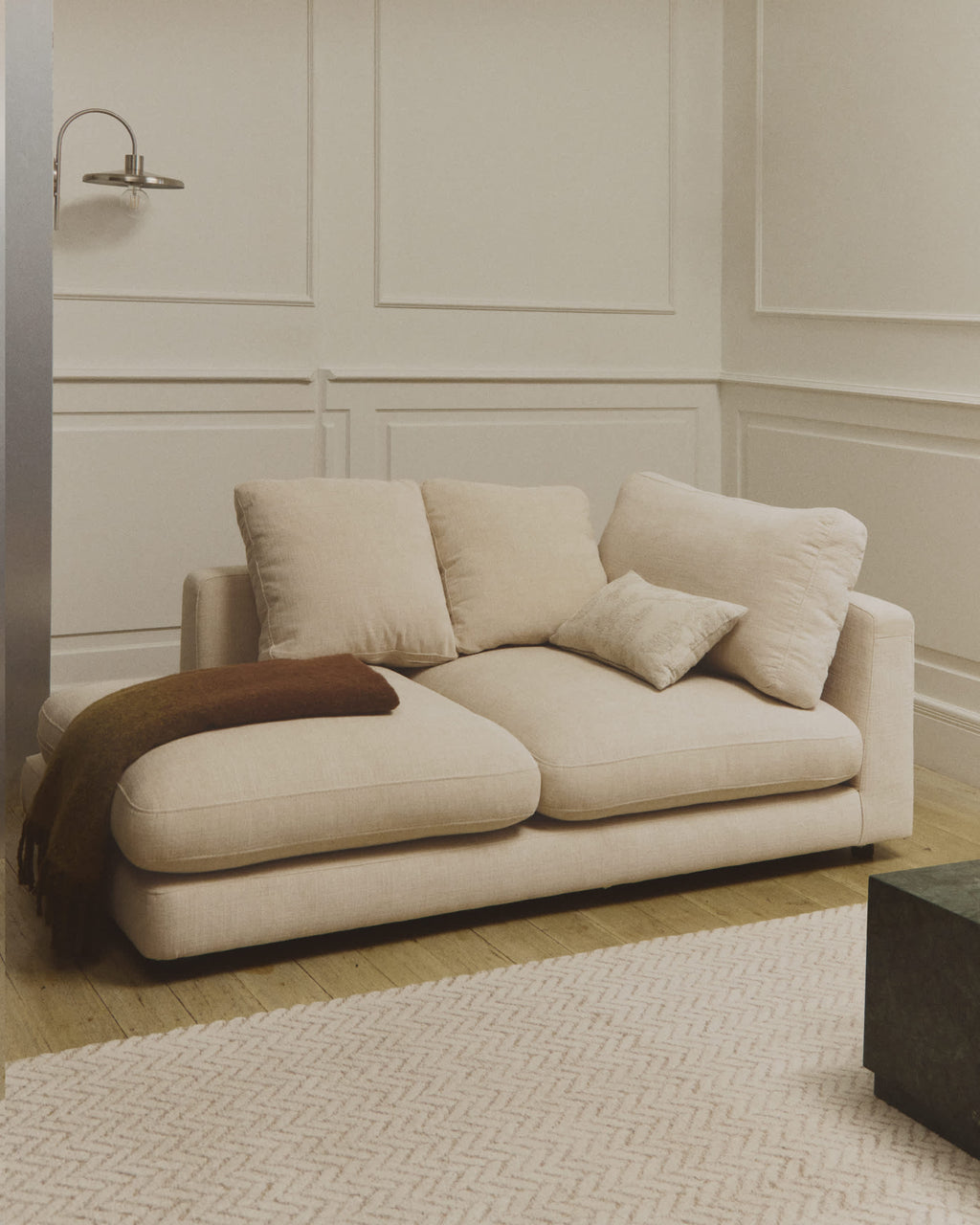 Japandi Chaiselongue Gala links – Chenille, Beige, 193 × 105 cm – weitere Ansicht