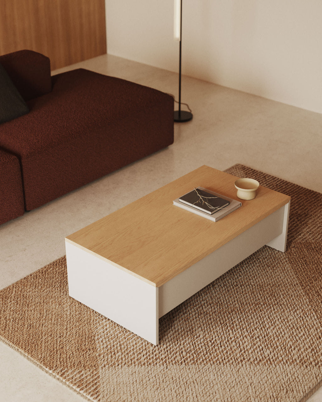 Japandi Couchtisch Abilen – Eichenfurnier, Weiß, 110 × 60 cm – weitere Ansicht