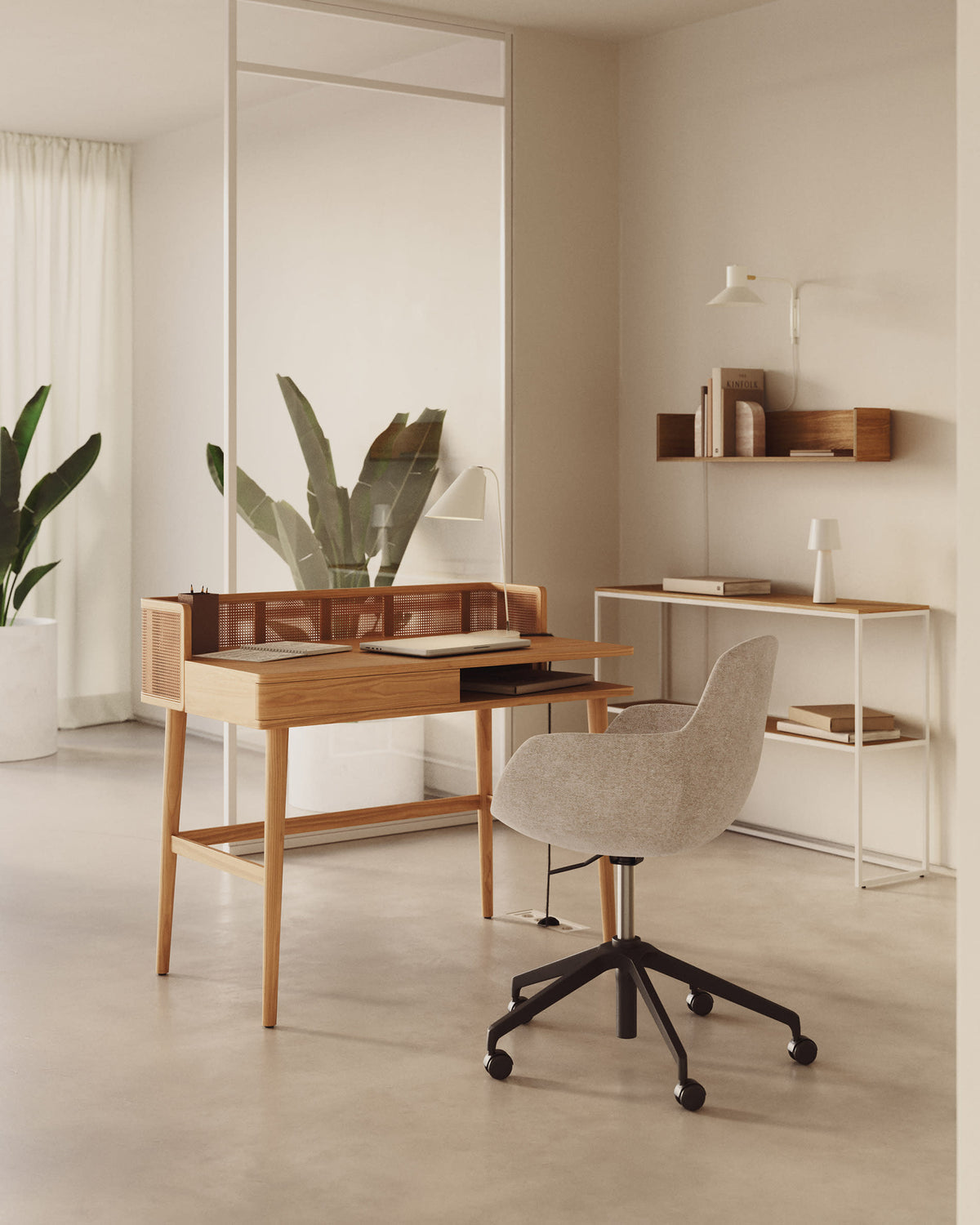 Japandi Schreibtisch Araxi – Eschenfurnier, Natur, 105 × 62 cm – weitere Ansicht