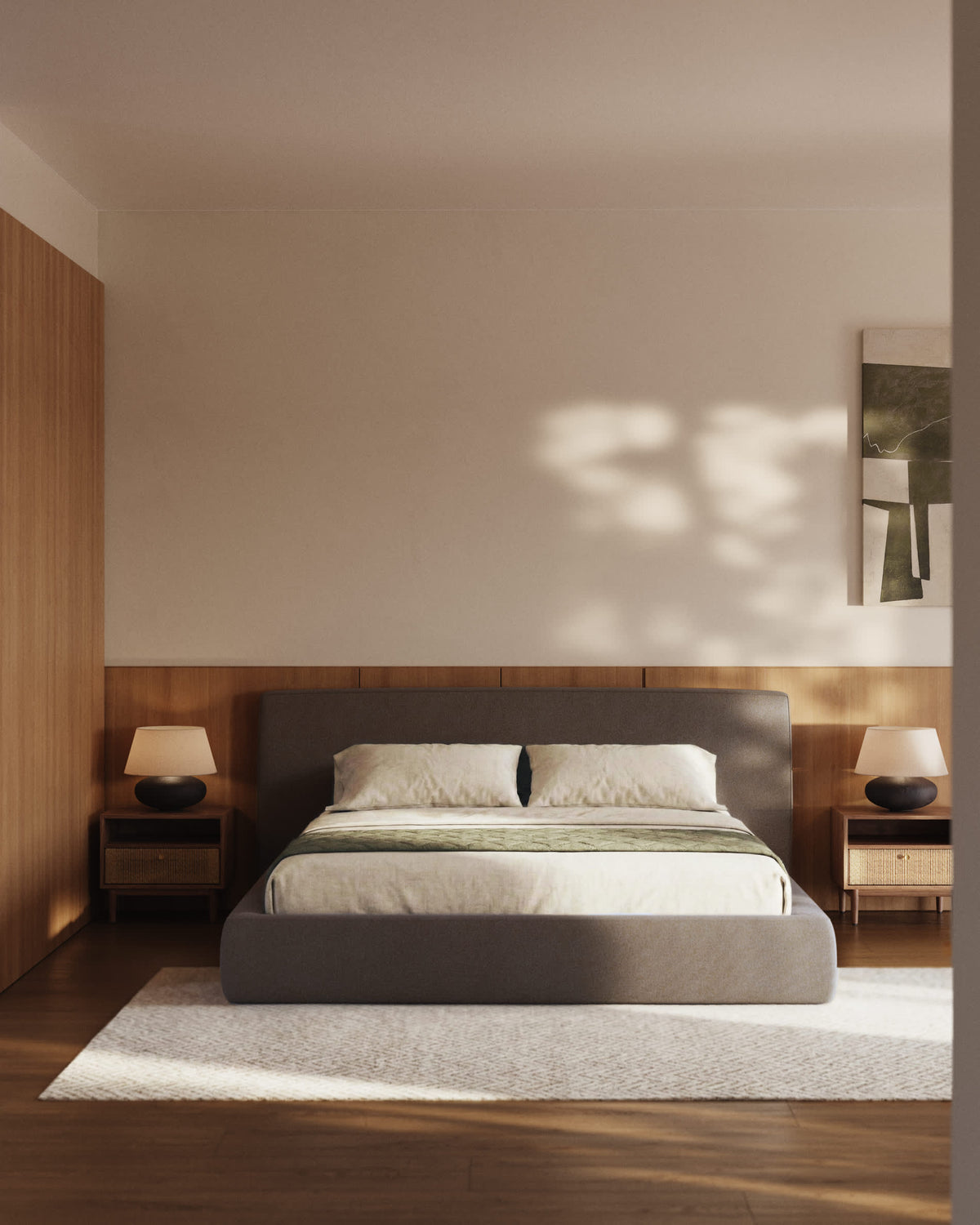 Japandi Bett Blok – Stoff, Braun, 180 × 200 cm – weitere Ansicht