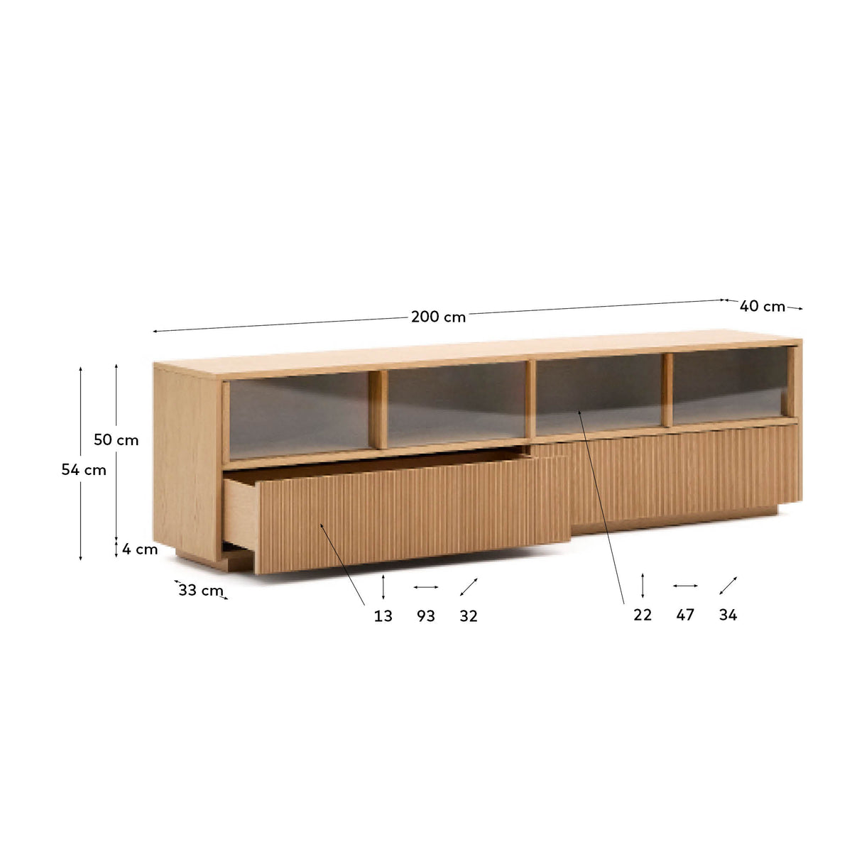 Japandi TV-Möbel Helvine – Eichenfurnier, Natur, 200 × 54 cm – weitere Ansicht