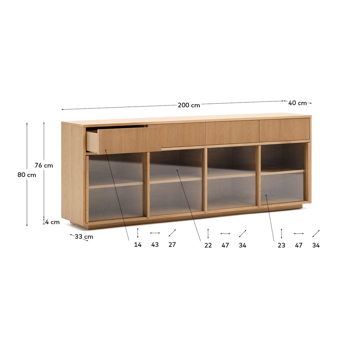 Japandi Sideboard Helvine – Eichenfurnier, Natur, 200 × 80 cm – weitere Ansicht