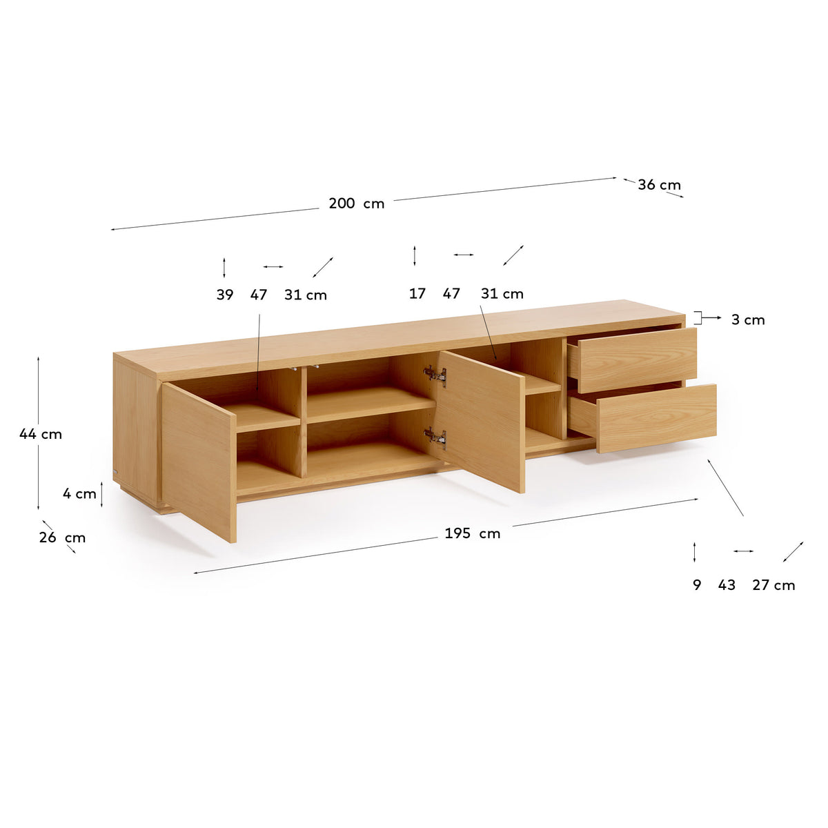 Japandi TV-Möbel Abilen – Eichenfurnier, Braun, 200 × 44 cm – weitere Ansicht