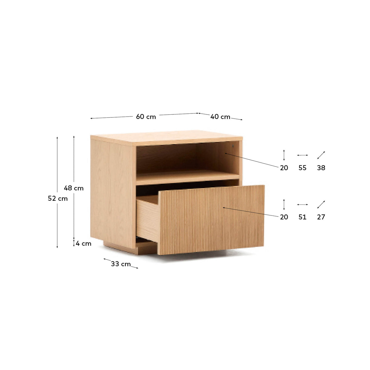 Japandi Nachttisch Helvine – Eichenfurnier, Natur, 60 × 52 cm – weitere Ansicht