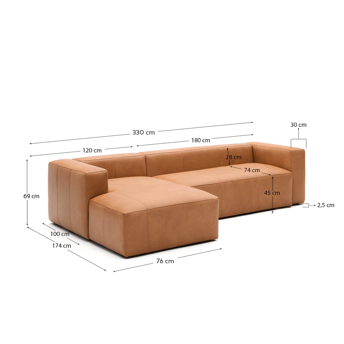 Japandi 4-Sitzer-Sofa Blok – Leder, Chaiselongue links, 330 cm – weitere Ansicht