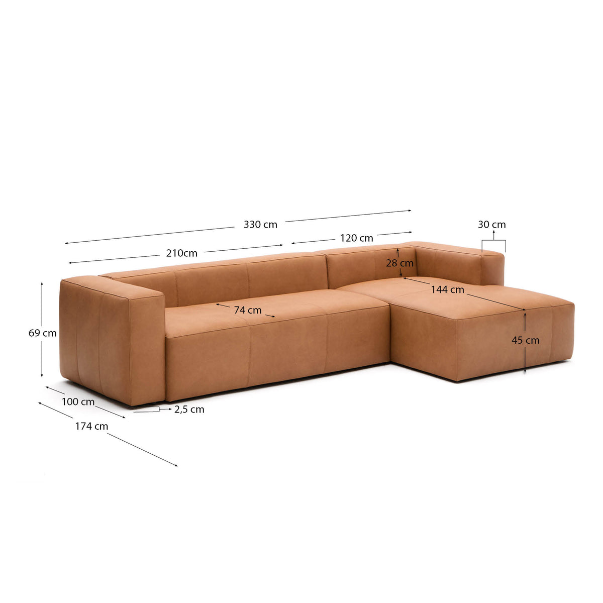 Japandi 4-Sitzer-Sofa Blok – Leder, Chaiselongue rechts, 330 cm – weitere Ansicht