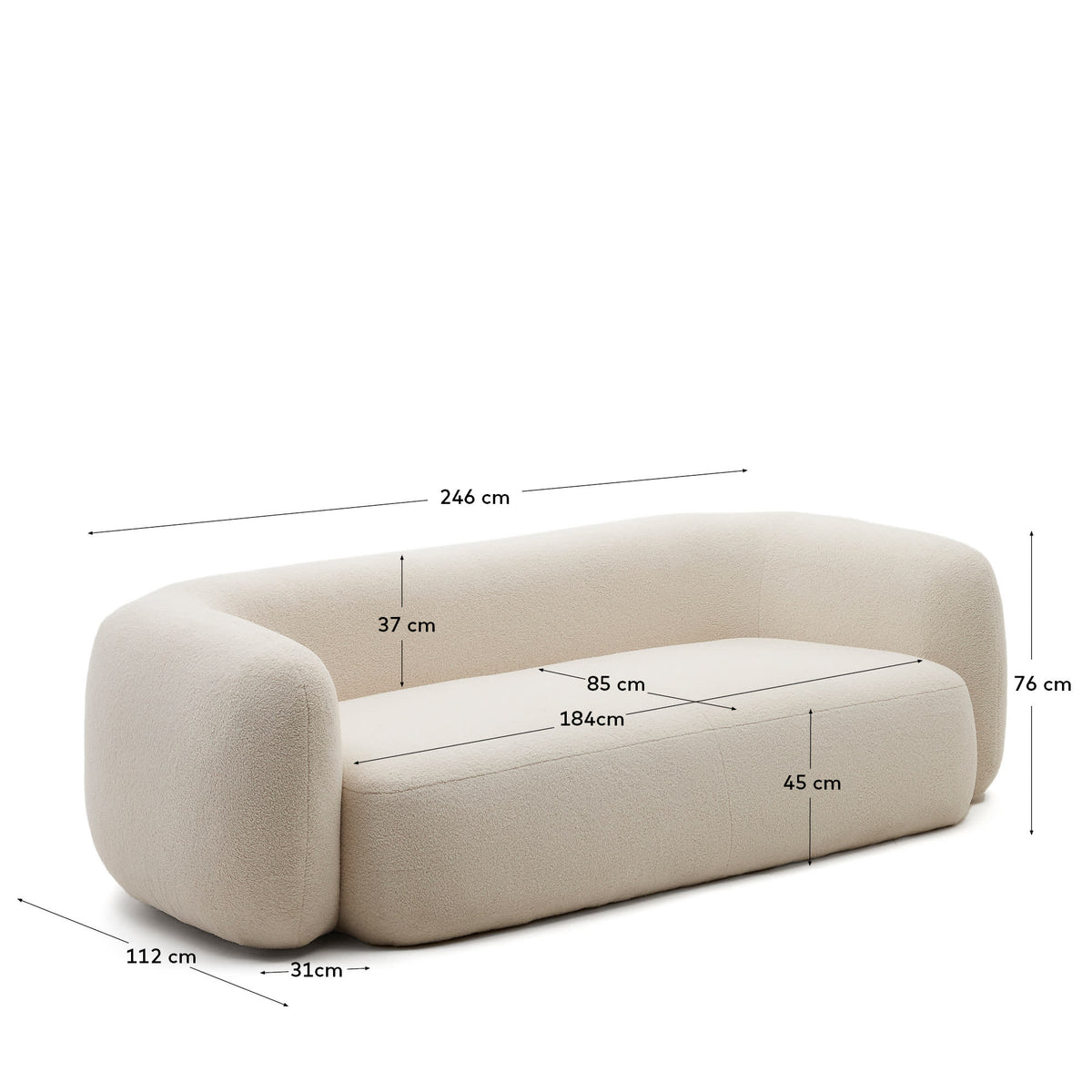 Japandi 3-Sitzer-Sofa Martina – Lammfelloptik, Ecru, 246 cm – weitere Ansicht