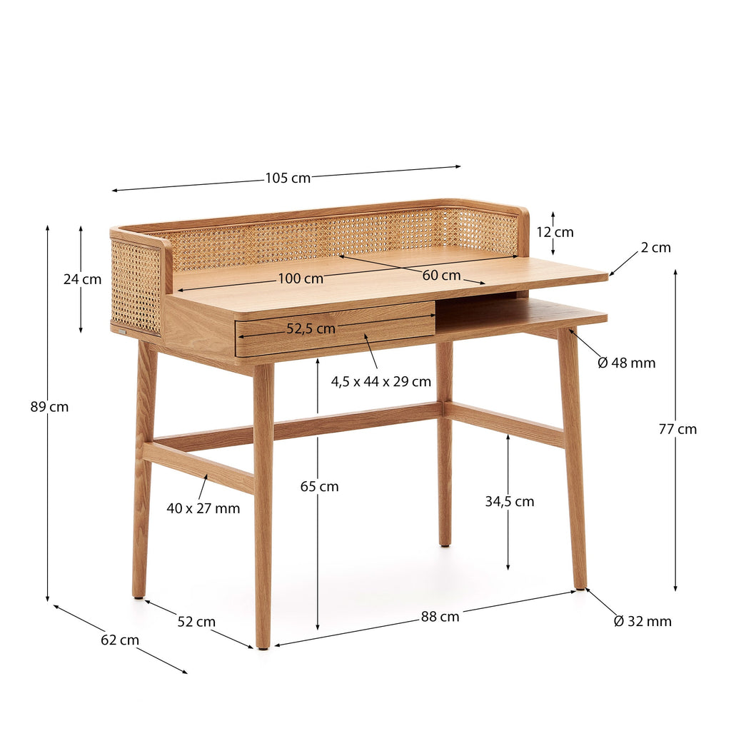 Japandi Schreibtisch Araxi – Eschenfurnier, Natur, 105 × 62 cm – weitere Ansicht